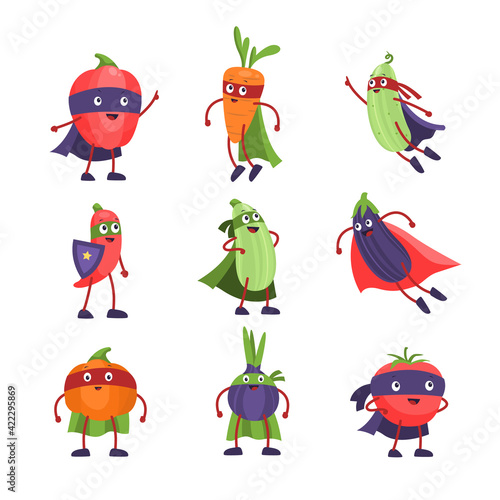 Superhero vegetables. Funny cartoon comic healthy vegetable, vegan characters with masks and capes, vegetarian winners. Healthy food mascot, diet and detox symbol vector comic isolated set