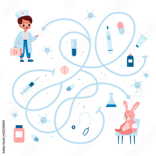 Medical kids maze. Children labyrinth quest with little doctor and toy stuffed rabbit patient, finding path game template. Quiz worksheet page, tangled road vector cartoon concept
