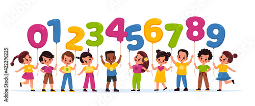 Kids with balloons numbers. Happy children hold color numerals, boys and girls and colorful numeric balloons, funny baby birthday ages, party decor vector bright flat style isolated set