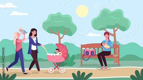 Moms walking city park. Women with newborn kids outdoor, happy young mother rolls stroller, parenting lifestyle, walks with children. Summer landscape vector cartoon motherhood concept