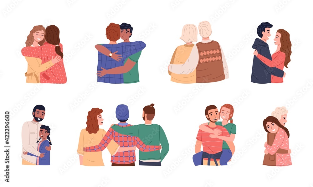 People hug. Men and women different ages and nationalities. Happy friends, children and parents hugging, good family and romantic relationship vector flat cartoon isolated set Stock Vector | Adobe Stock People hug. Men and women different ages and nationalities. Happy friends, children and parents hugging, good family and romantic relationship vector flat cartoon isolated set Stock Vector | Adobe Stock