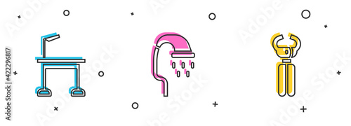 Set Pet grooming table, shower and nail clippers icon. Vector