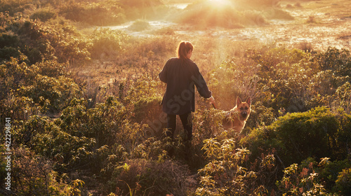 Woman walking with her German Shepherd dog in coastal dune vegetation at sunset in a high angle backlit view in a healthy active lifestyle concept