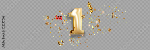 First Anniversary celebration. Golden number 1 with sparkling confetti, stars, glitters and streamer ribbons.