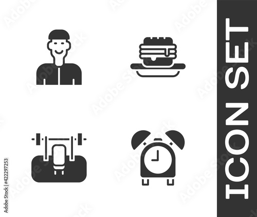 Set Alarm clock, Positive thinking, Bench with barbel and Junk food icon. Vector