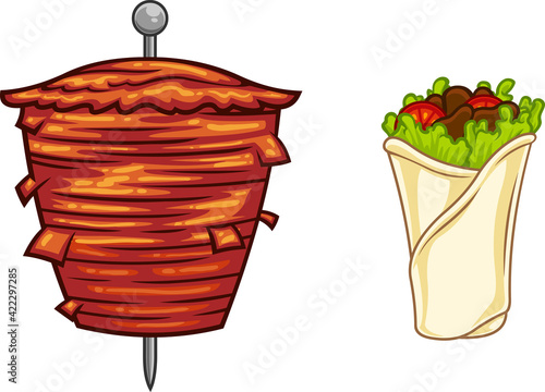 Cartoon Kebab On Skewer Grilling Meat And Doner Kebab. Vector Hand Drawn Illustration Isolated On Transparent Background
