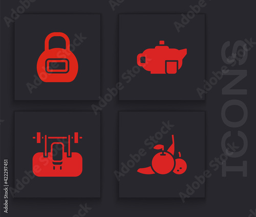 Set Fruit, Kettlebell, Teapot with cup and Bench barbel icon. Vector