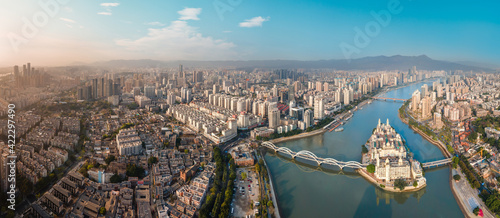 Aerial panorama view of cityscape of river min across Fuzhou in China