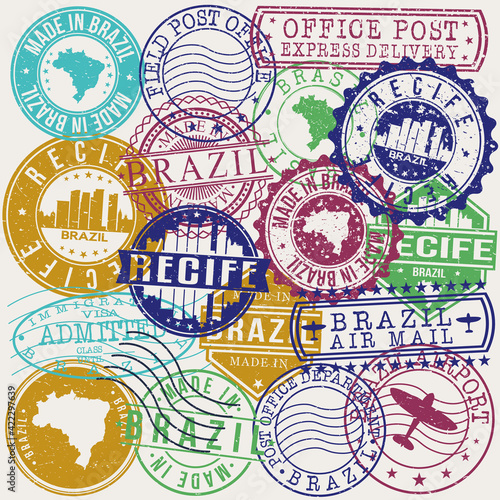Recife Brazil Set of Stamps. Travel Stamp. Made In Product. Design Seals Old Style Insignia.