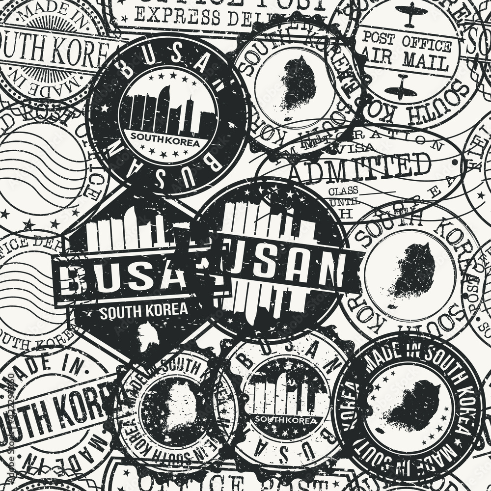 Fototapeta premium Busan, South Korea Set of Stamps. Travel Passport Stamps Pattern. Made In Product. Design Seals in Old Style Insignia Seamless. Icon Clip Art Vector Collection.