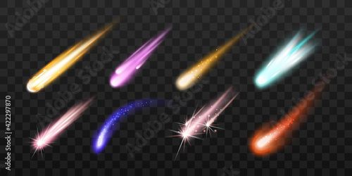 Colorful space meteors and comets, asteroids, shooting stars with light sparkles