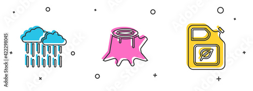 Set Cloud with rain, Tree stump and Bio fuel canister icon. Vector