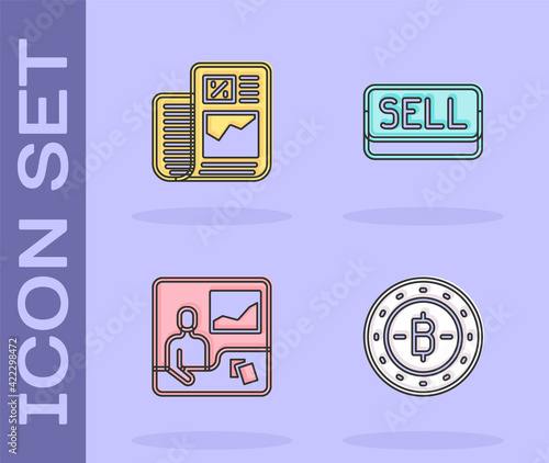 Set Bitcoin, Business finance report, Trading courses and Sell button icon. Vector