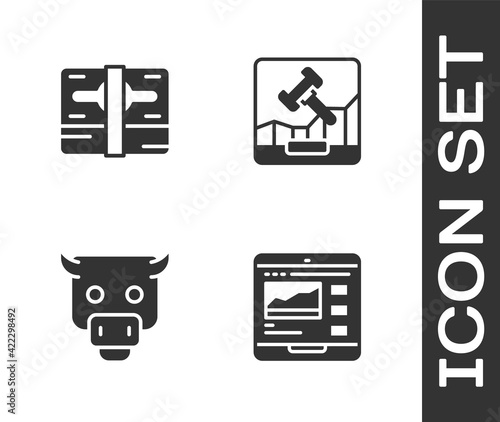 Set Trading courses, Stacks paper money cash, Bull market and Online internet auction icon. Vector