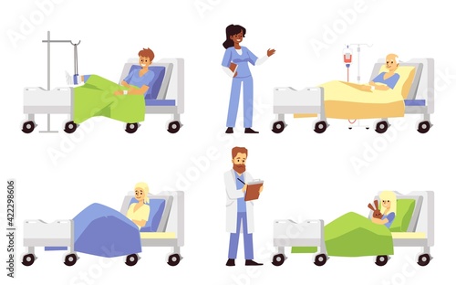 Patients in hospital medical beds with various disease and injury