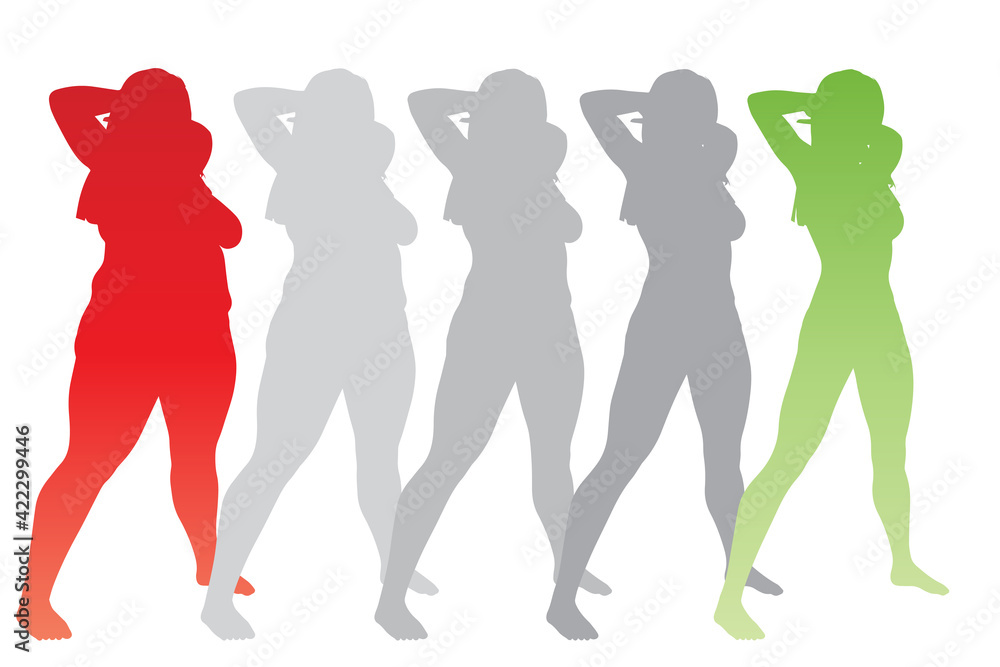 Vector conceptual fat overweight obese female vs slim fit healthy body after weight loss or diet with muscles thin young woman isolated. Fitness, nutrition or fatness obesity, health silhouette shape
