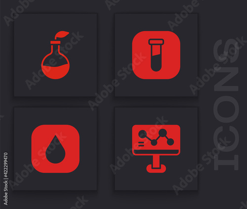 Set Chemical formula, Plant breeding, Test tube and flask and Water drop icon. Vector