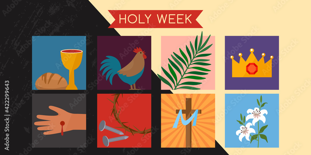 Holy week banner with a rooster, communion, palm branches, a wreath of thorns, the cross of Jesus Christ and a lily.