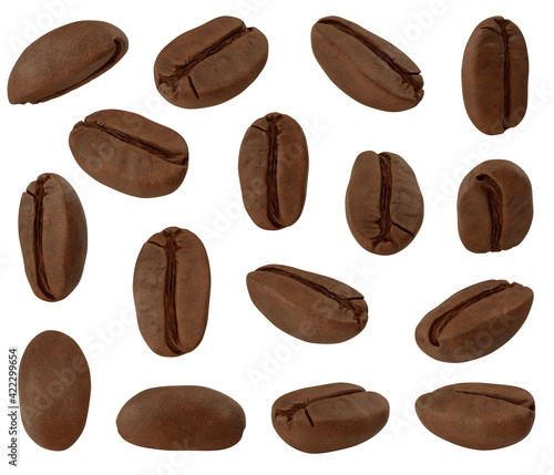 Set of roasted coffee beans in different angles