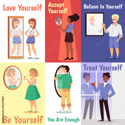 Concept of self acceptance and body positive a set of vector flat cartoon cards.