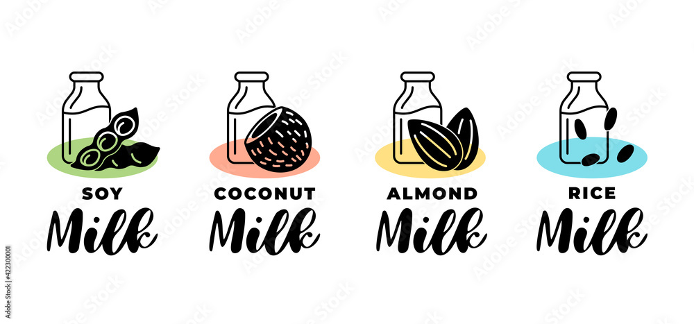 Soy, almond, coconut and rice vegetarian milk logo set. Vegan dairy packaging linear badge design element set. Hand drawn healthy lactose free drinks isolated logotypes vector illustration