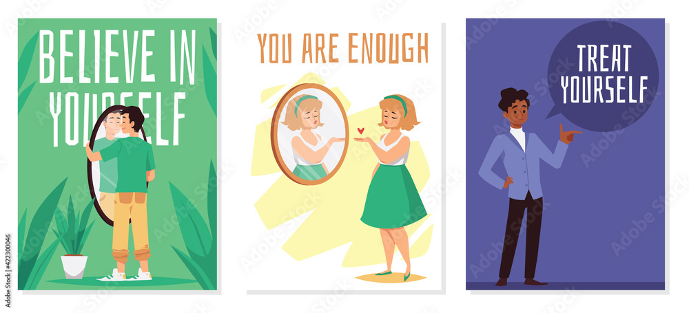 Self acceptance and body positivity banners set, flat vector illustration.