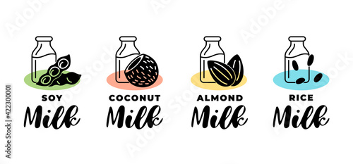 Soy, almond, coconut and rice vegetarian milk logo set. Vegan dairy packaging linear badge design element set. Hand drawn healthy lactose free drinks isolated logotypes vector illustration