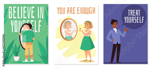 Self acceptance and body positivity banners set, flat vector illustration.