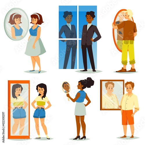 Self-acceptance set with not satisfied people, flat vector illustration isolated.