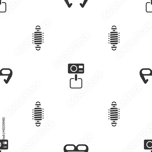 Set Sport cycling sunglasses, Action extreme camera and Bicycle suspension on seamless pattern. Vector