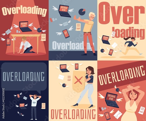 Concept of stress due information overloading a set of vector flat posters.