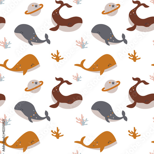 Boho sea whales, narwhals seamless pattern for scrapbooking, fabric, decoration