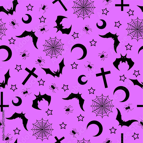 Pastel goth background with bats, crosses and stars. Seamless kawaii pink pattern with spooky Halloween elements and creepy doodles.