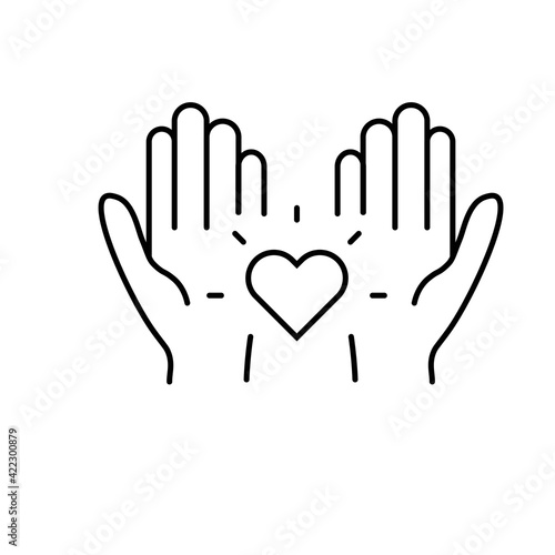Charity or donation line icon in black. Shining heart in the hands. Donate concept. Isolated symbol, for illustration, minimal, logo, mobile, app, emblem, design, web, site, ui, ux. Vector EPS 10