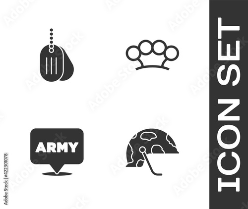 Set Military helmet, dog tag, army and Brass knuckles icon. Vector