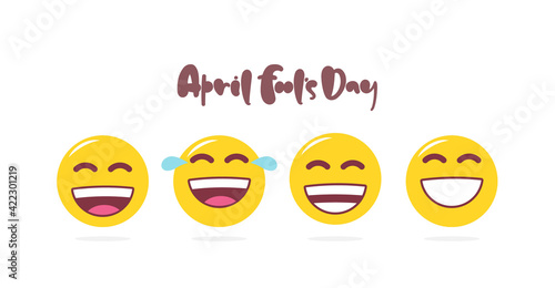 Set of laugh emoji. Hand lettering of April Fools Day.