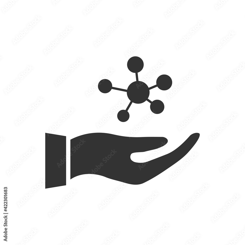 Hand holding molecule icon. Open hand with molecule structure. Black silhouette. Science concept. Vector isolated on white Hand holding molecule icon. Open hand with molecule structure. Black silhouette. Science concept. Vector isolated on white