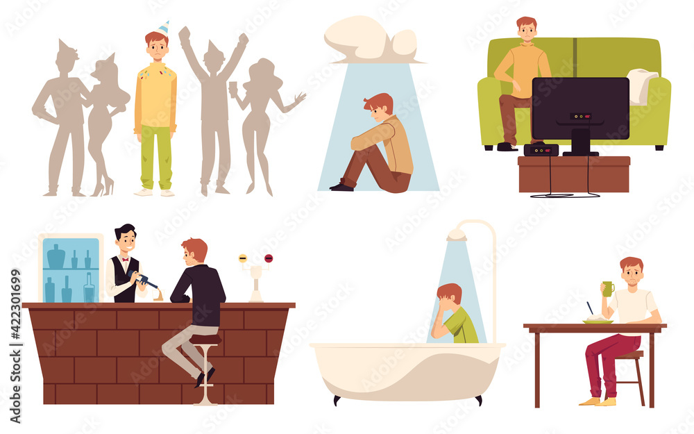 Upset lonely men cartoon characters set, flat vector illustration isolated.