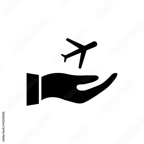 Hand protecting airplane. Black hand gesture with plane. Safety airplane silhouette concept. Travel insurance. Vector isolated on white