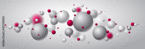 Realistic lined spheres vector illustration, abstract background with beautiful balls with lines and depth of field effect, 3D globes design concept art.