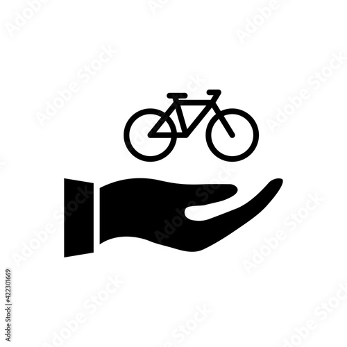 Hand protecting bike. Black hand giving bicycle. Gift bike silhouette concept. Vector isolated on white