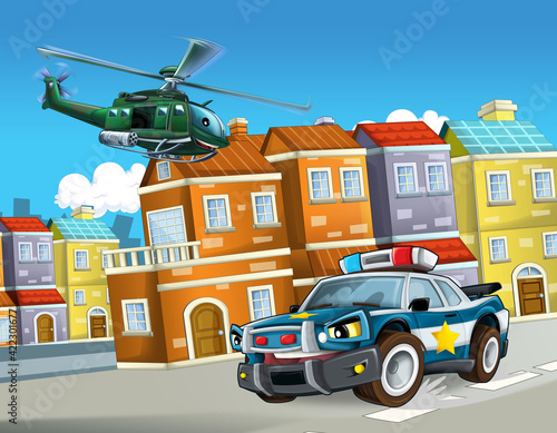 cartoon scene with helicopter flying in the city