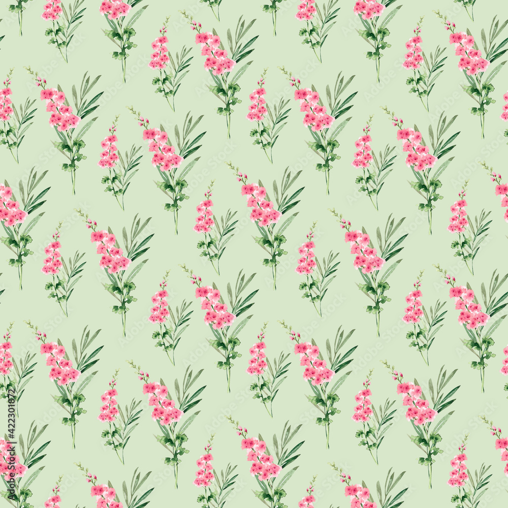 seamless background with delicate pink flowers on a light green background. hand painted watercolor for decor and design
