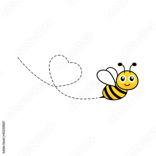Cartoon bee icon. Heart dotted lines path. Happy lovely bee character. Vector illustration isolated on white background.