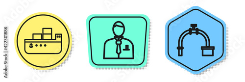 Set line Oil tanker ship, Businessman or stock market trader and Industry pipe and valve. Colored shapes. Vector