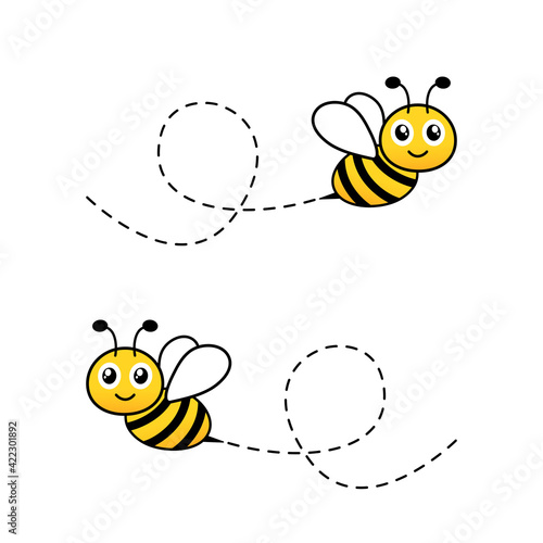 Cartoon bee icon set. Bees flying on a dotted route. Animal happy character. Vector illustration isolated on white background.