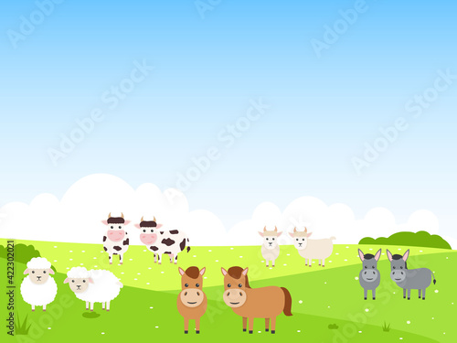 Cute farm animals on summer landscape background. Bull, cow, donkey, horse, sheep and goat characters in flat style. Vector kids illustration.