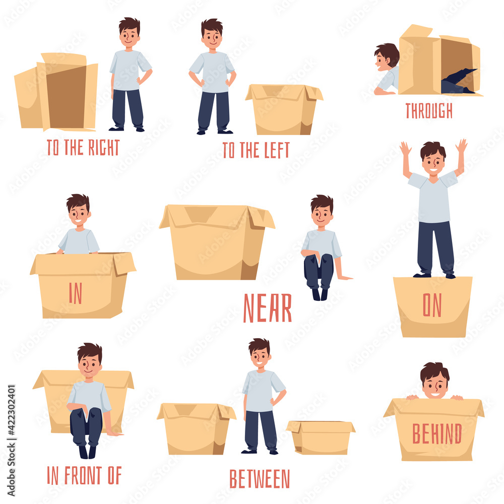 Prepositions of place for English studying, flat vector illustration isolated. Prepositions of place for English studying, flat vector illustration isolated.