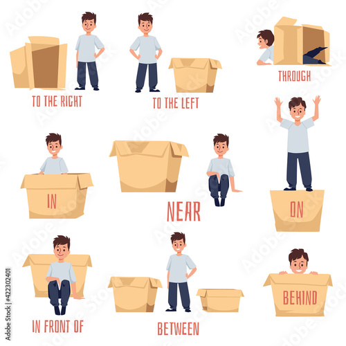 Prepositions of place for English studying, flat vector illustration isolated.