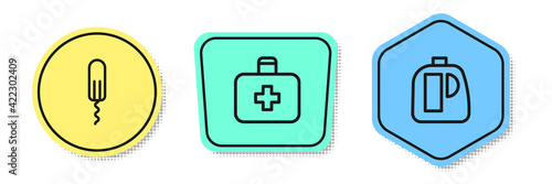Set line Sanitary tampon, First aid kit and Bottles for cleaning agent. Colored shapes. Vector